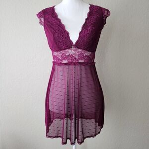 Burgundy/wine coquette lace and sheer mesh romantic babydoll lingerie Size S